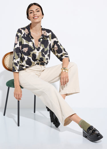 Chemisier fluide camouflage et col tailleur Noir/Kaki