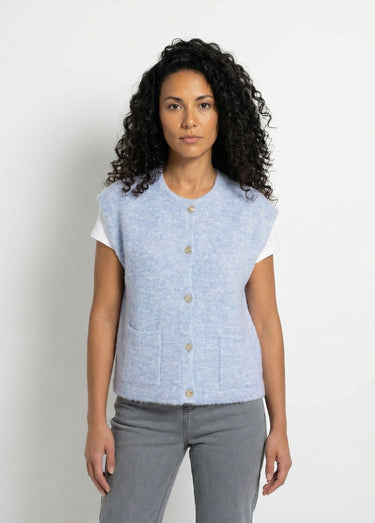 Gilet sans manches boutons dorés maille bouclette Bleu