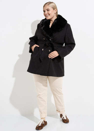 Manteau toucher laineux col fourrure Noir