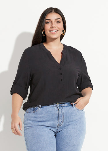 Blouse col V unie à manches longues Noir