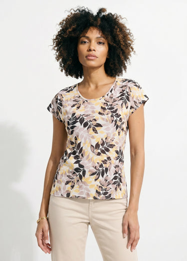 T-shirt manches courtes imprimé feuillage col rond Beige/Noir