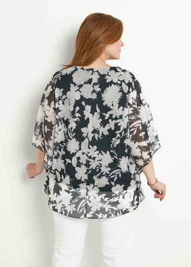 T-shirt long fleuri manches chauve-souris Noir/Ecru