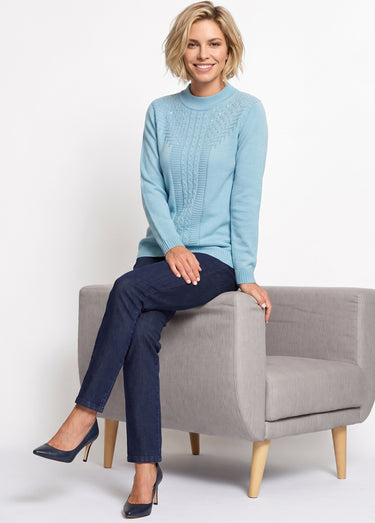 Pull doux torsades côtes strass col montant Vert Onyx