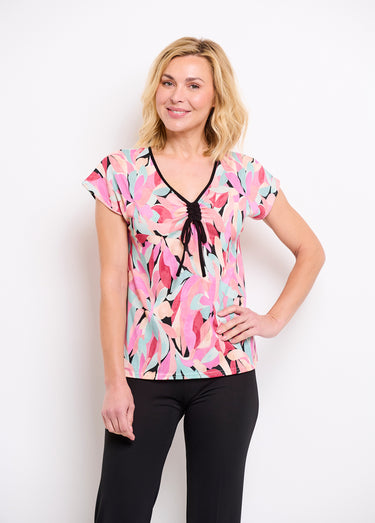 T-shirt court col V avec liens imprimé floral Noir/Saumon