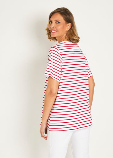 T-shirt rayé col V avec broderie cœur Raye Rouge