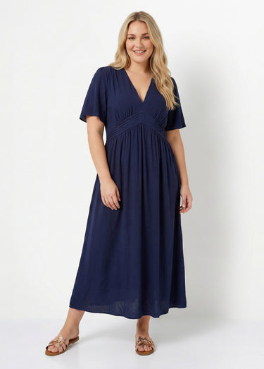 Robe longue taille haute plissée, col V Marine