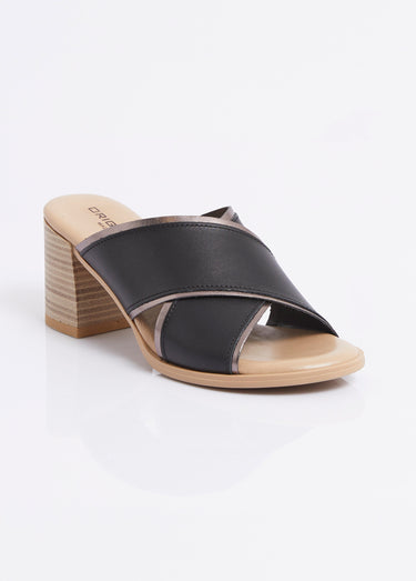 Mules brides croisées talon effet bois Noir