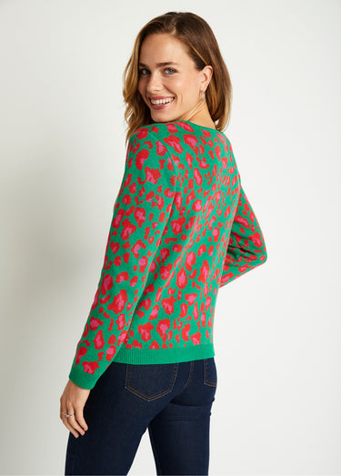 Pull motif léopard col rond Vert