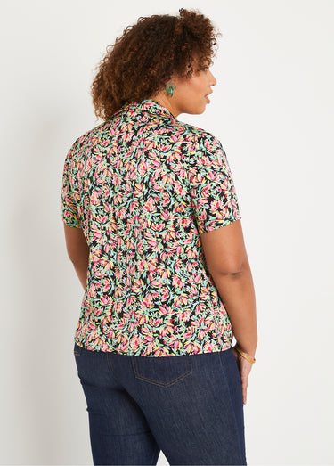 Chemisier manches courtes satin fleuri Vert/Rose