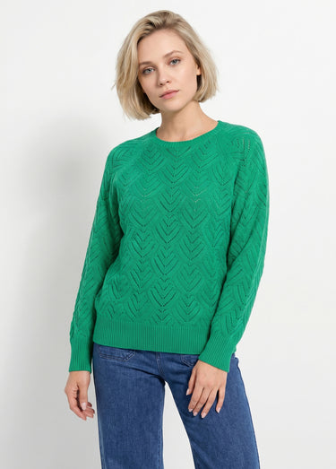 Pull doux court col rond uni ajouré Vert