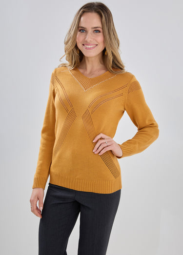 Pull bijou maille filet strass col V Miel