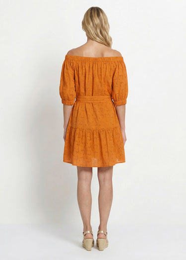 Robe courte col Bardot broderie anglaise Orange