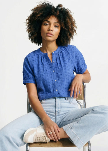 Chemisier ample coton brodé sans col Bleu