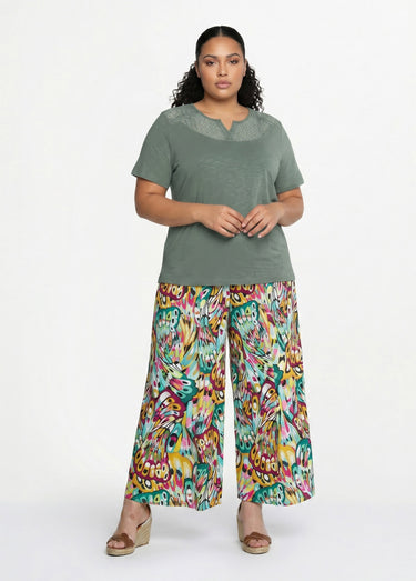 T-shirt coton maille flammée dentelle Kaki