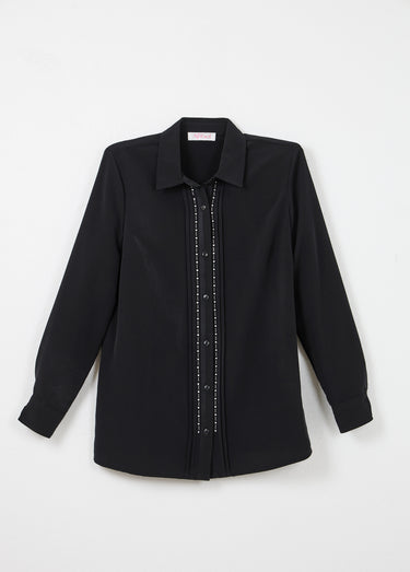 Chemisier uni boutonné long strass col chemise Noir