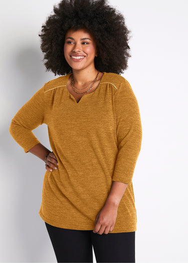 T-shirt long évasé manches 3/4 col rond Uni Miel