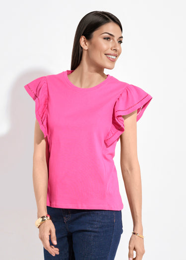 T-shirt manches courtes volantées ajourées Fuchsia