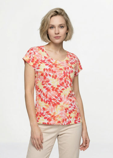 T-shirt manches courtes imprimé feuillage col rond Rouge/Jaune