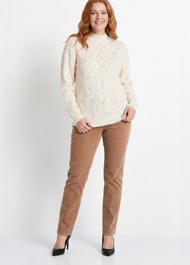 Pull doux ajouré perlé col montant Ecru