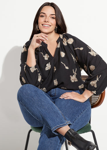 Blouse col V plissé broderies métallisées Noir