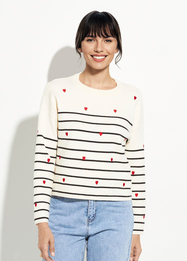 Pull marin épais rayures et coeur, col rond Ecru Raye Marine