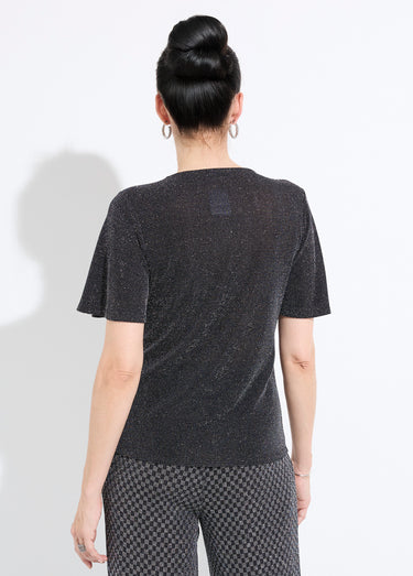 T-shirt brillant manches courtes col rond bijou Noir/Argent