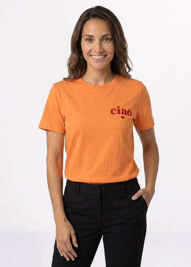 T-shirt col rond broderie Ciao et coeur Orange