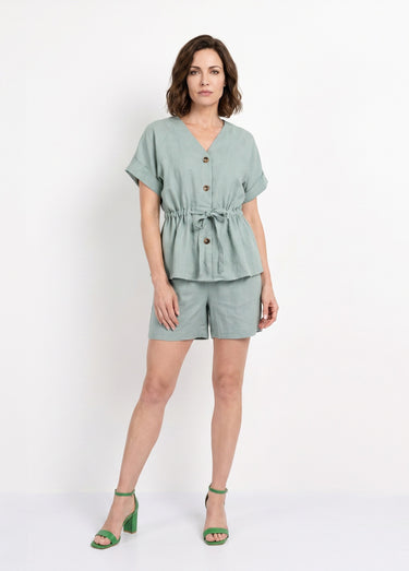Short large élastiqué avec lin Vert