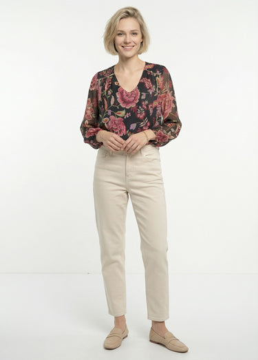 Blouse col V manches longues voile fleuri Noir/Prune