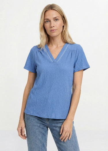 Tunique texturée, encolure V avec galon Bleu denim