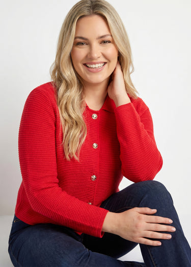 Gilet boutonné uni avec col manches longues Rouge