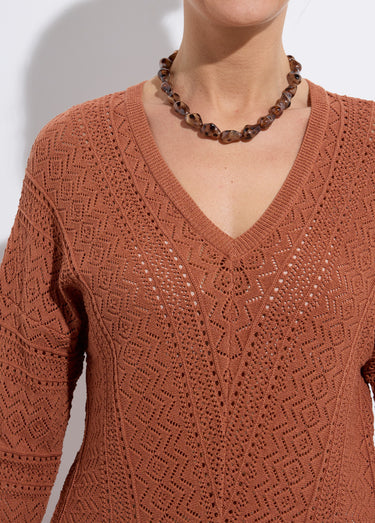 Pull maille ajourée col V Noisette