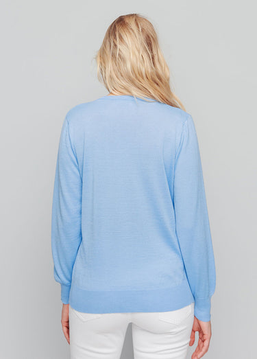 Pull court col V avec laine mérinos Bleu Nuage