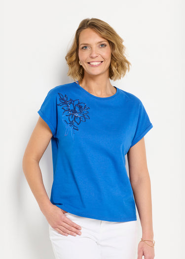T-shirt coton uni sequins manches courtes Bleu Dur