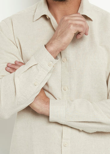 Chemise lin chic col droit manches longues Beige