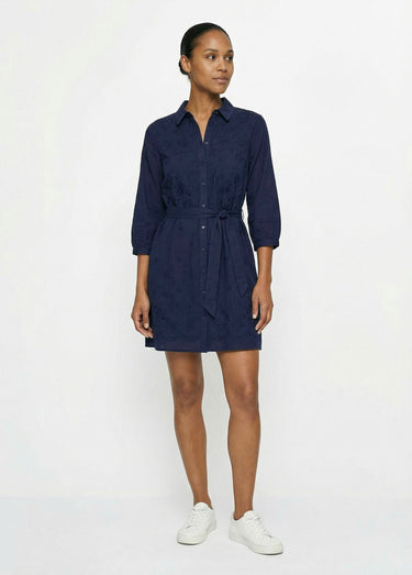 Robe chemisier col V, brodée feuillage Marine