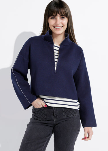 Pull court avec col montant zippé Marine