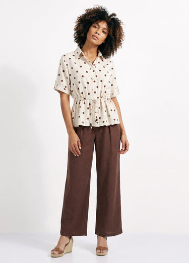 Blouse à pois ceinturée, avec lin Ecru/Marron