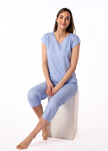 Pyjama avec lin manches courtes col V Bleu