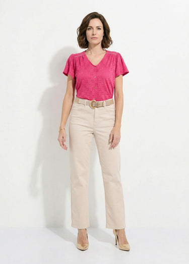 T-shirt col V effet broderie manches courtes Fuchsia