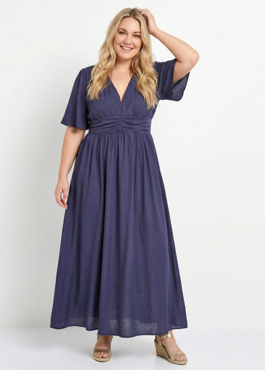 Robe longue taille empire, décolleté V Marine