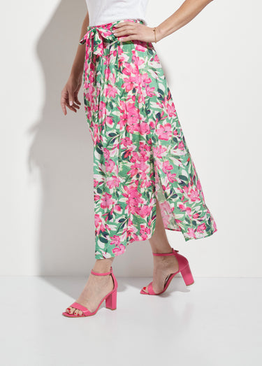 Jupe longue plissée fleurie fentes côtés Vert/Rose
