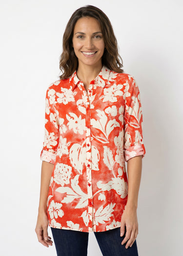 Chemisier ample long fleuri Rouge/Blanc