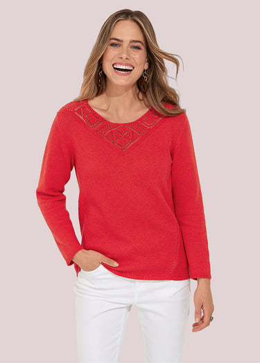 Pull manches longues mailles fantaisie Rouge