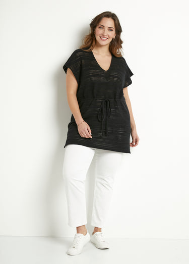 Pull-tunique de plage long ajouré col V coton Noir
