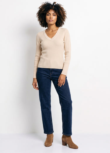 Pull fin uni maille côtelée col V Beige