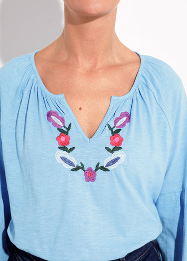 T-shirt long brodé manches longues Bleu Jean