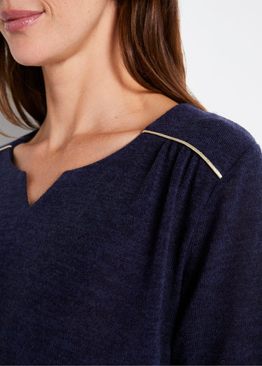 T-shirt long évasé manches 3/4 col rond Uni Marine