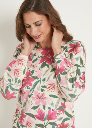 Pull doux imprimé fleurs col rond Imprime/Rose