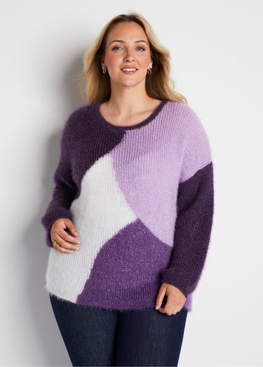 Pull doux colorblock maille poilue Cassis/Ecru
